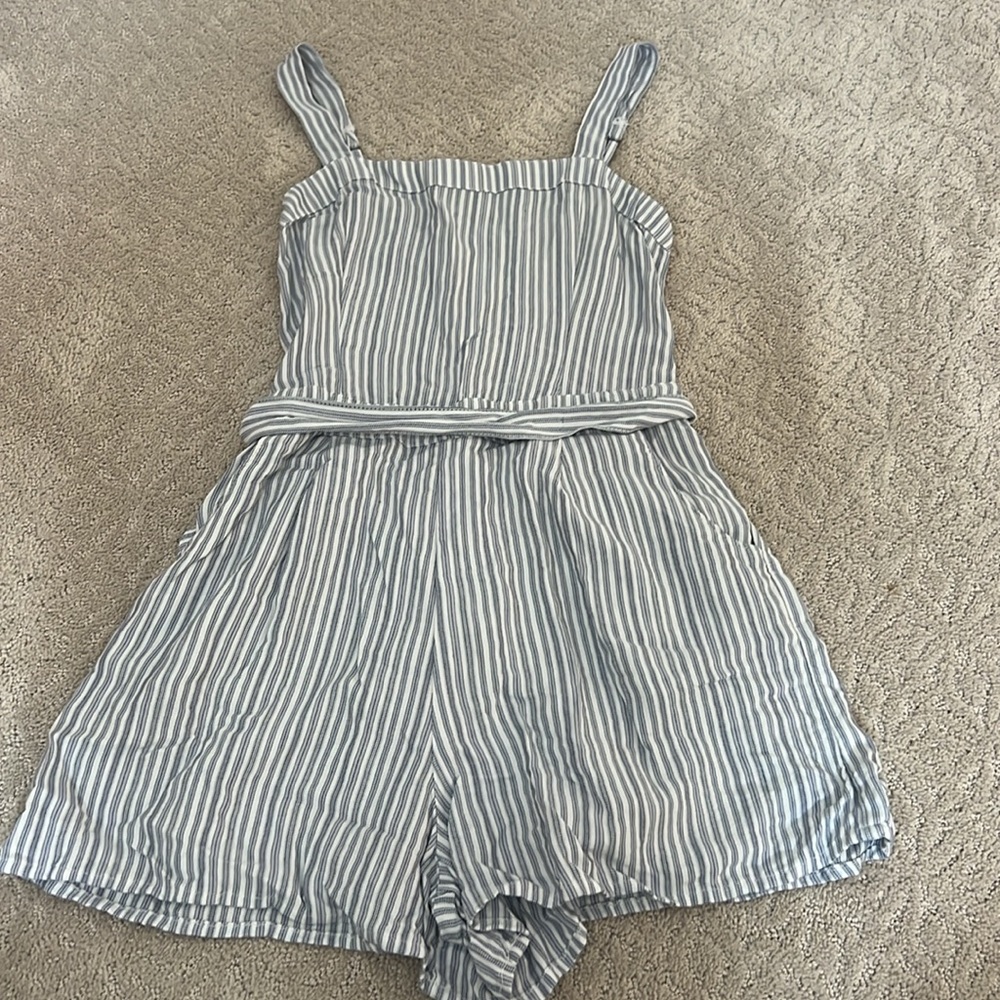 Hollister Blue and White Stripe Romper with Pockets